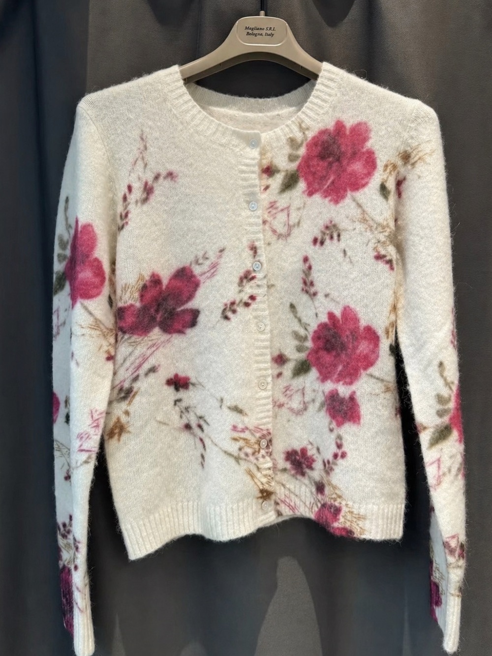Blumarine Cream Cardigan with Pink Floral Print